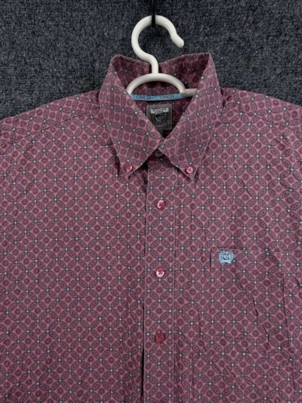 Cinch Gray Pink Button-Down Short Sleeve All Cotton Medium Geometric Mens Pocket
